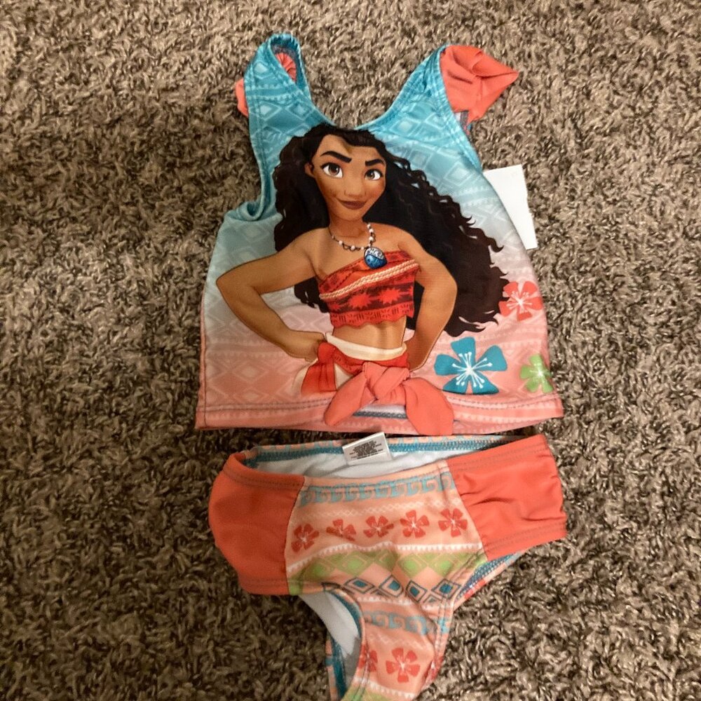 Disney Moana Tankini Swimsuit 12 Months Orange Blue Tropical Tribal Print Ruffle